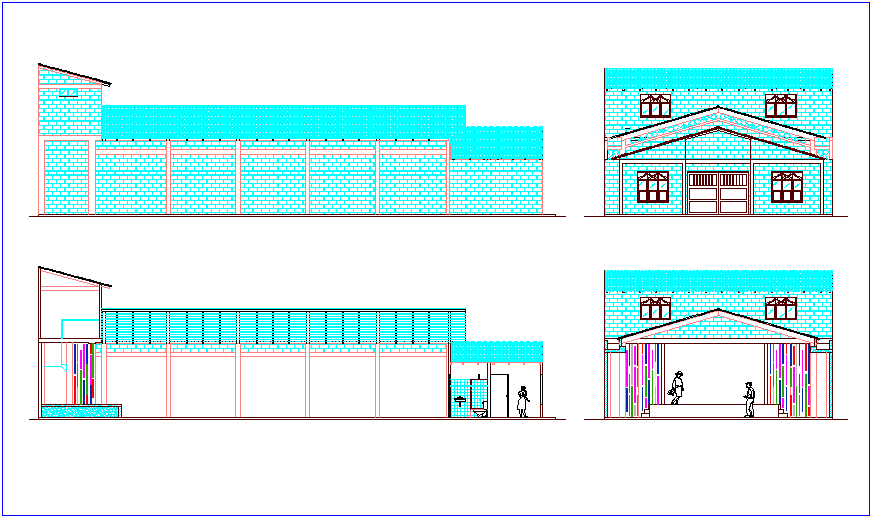 Elevation and section view of government communal room dwg file