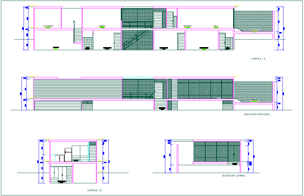 Elevation and section view of home dwg file