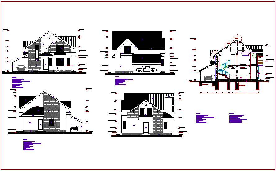 Elevation and section view of house dwg file