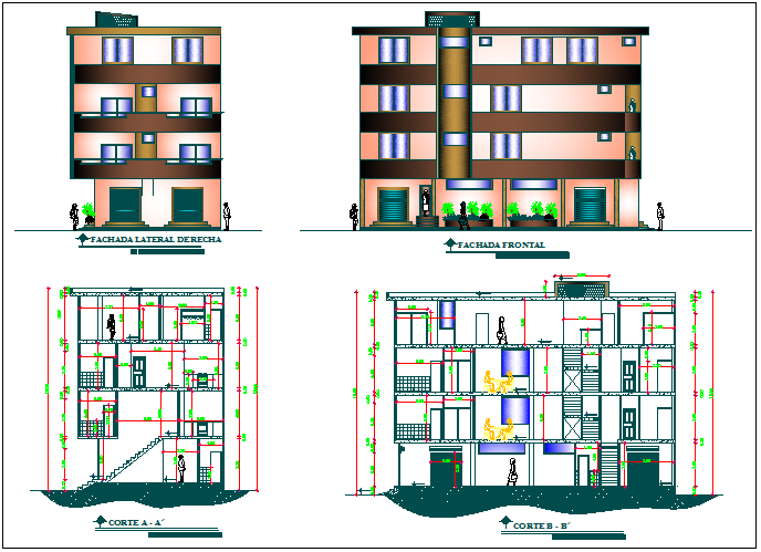 Elevation and section view of house dwg file