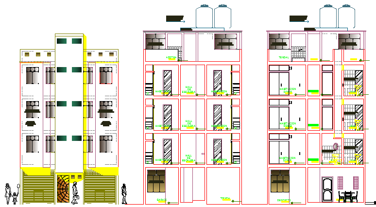 Elevation and section view of multi-flooring housing apartment dwg file