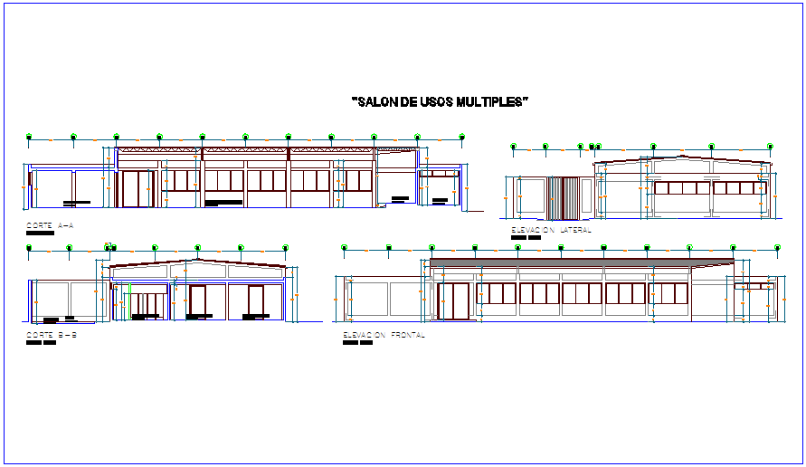 Elevation and section view of multi purpose use room dwg file