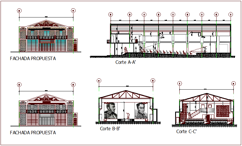 Elevation and section view of municipal building dwg file