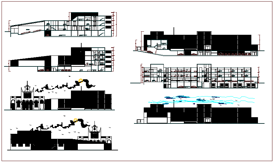 Elevation and section view of municipal building dwg file