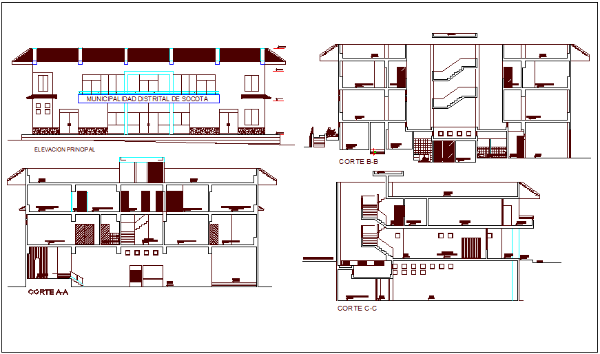 Elevation and section view of municipal building dwg file