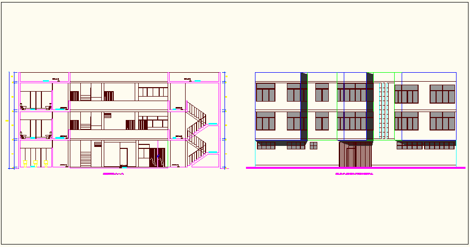 Elevation and section view of school dwg file