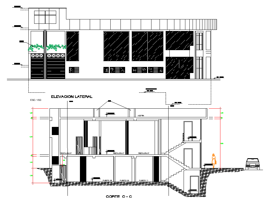 Elevation and section view of shop building dwg file
