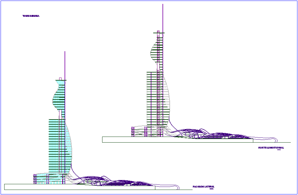 Elevation and section view of tower dwg file