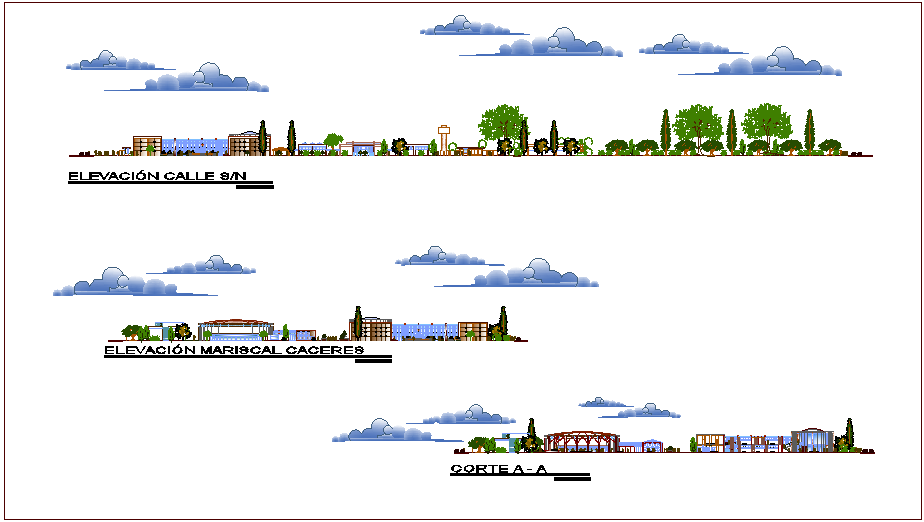 Elevation and section view of youth envelopment center dwg file