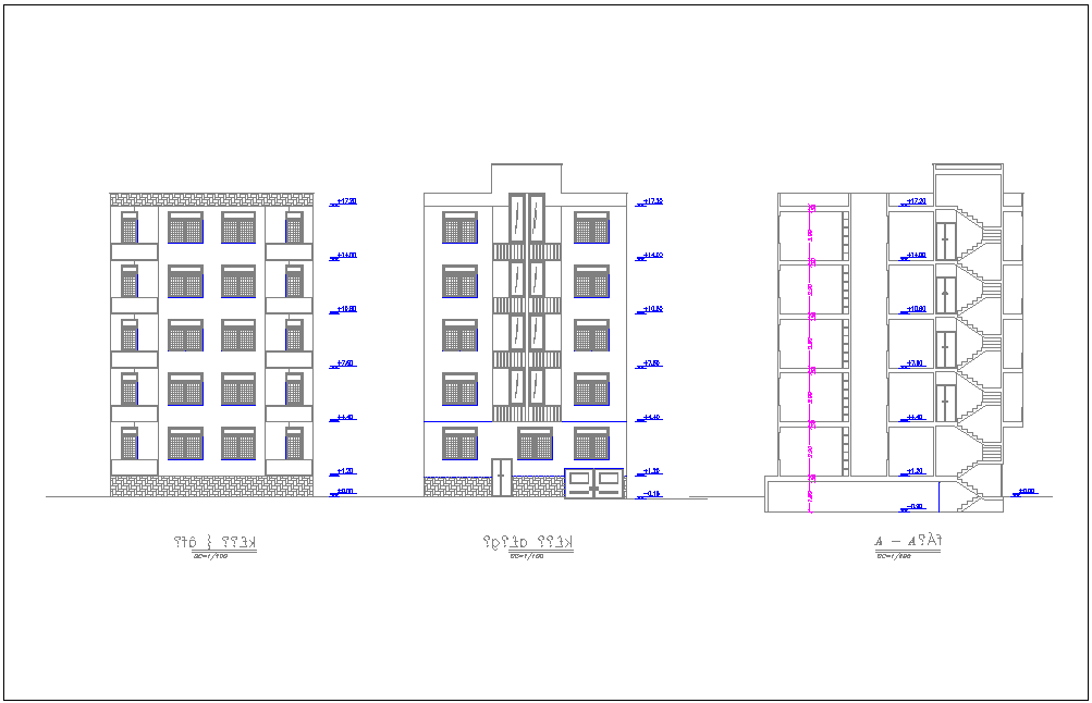 Elevation and section view residence building dwg file