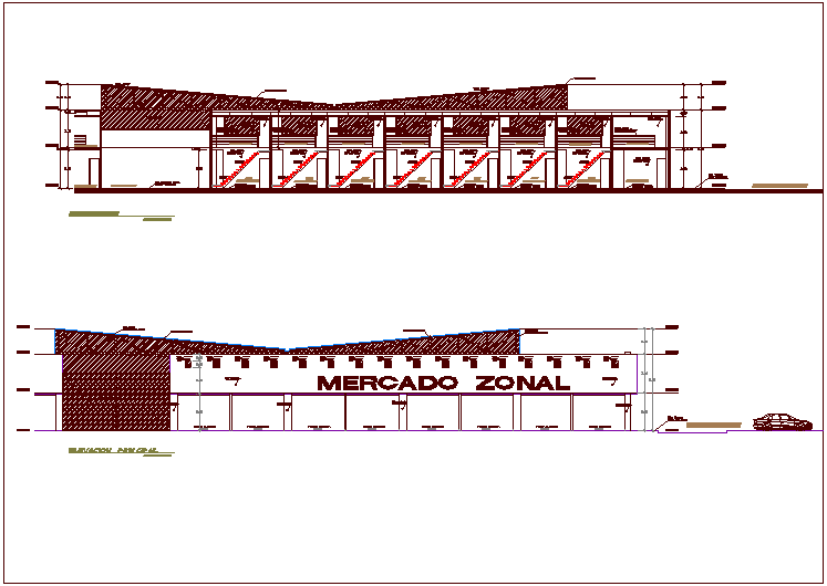 Elevation and section view with construction view for zonal market dwg file