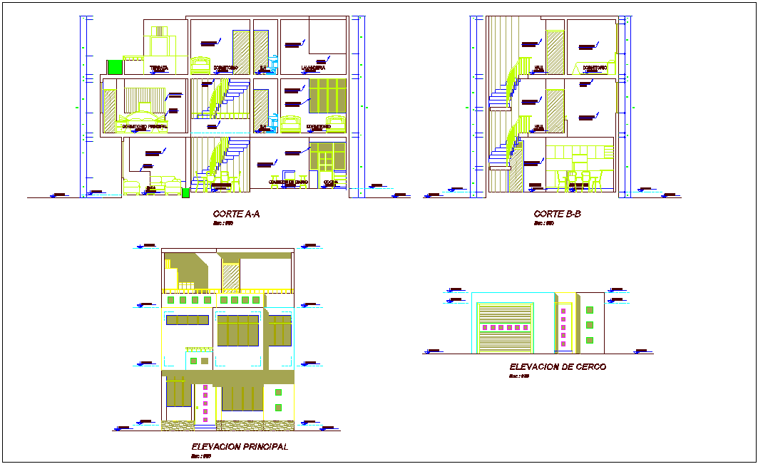 Elevation and section view with different axis for housing building dwg file
