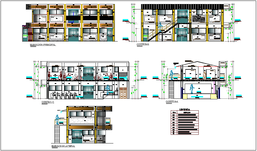 Elevation and section view with different axis of community center dwg file