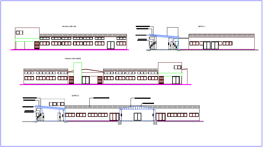 Elevation and section view with different axis of cultural center dwg file