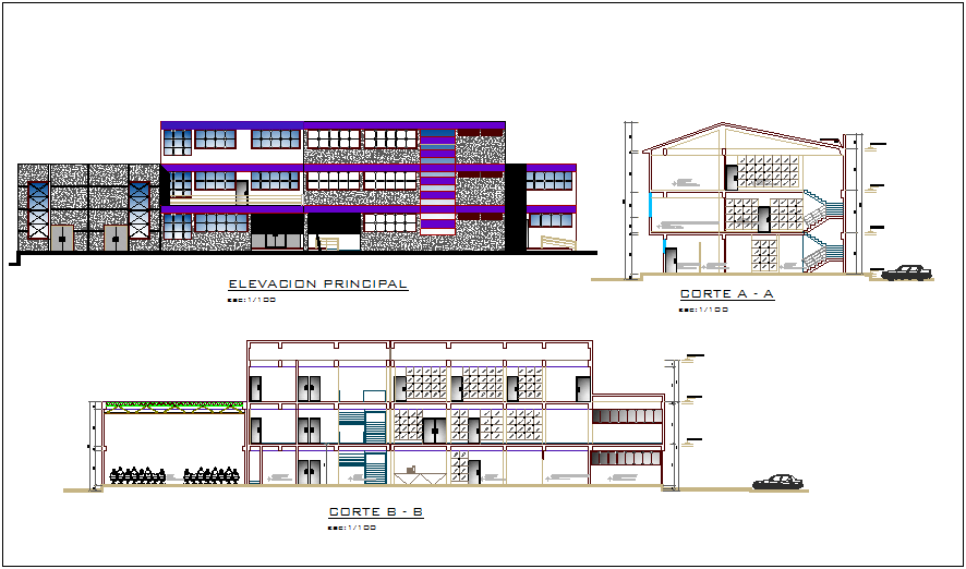 Elevation and section view with different axis of municipal building dwg file
