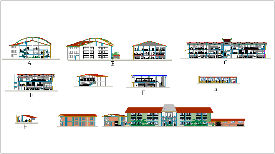 Elevation and section view with different axis of office dwg file