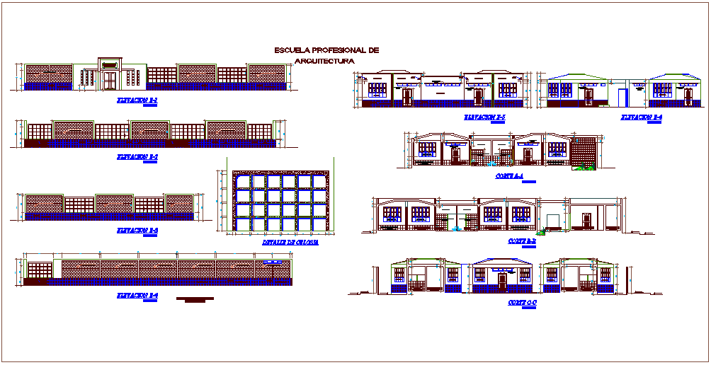 Elevation and section view with different axis of school dwg file