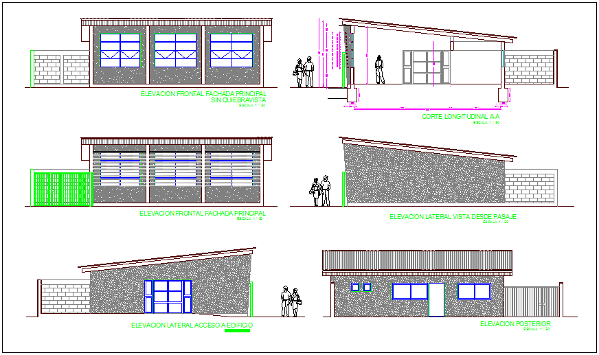 Elevation and section view with different axis of social head office dwg file