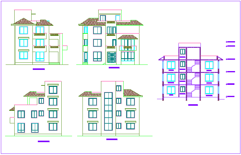Elevation and section view with different side of house dwg file