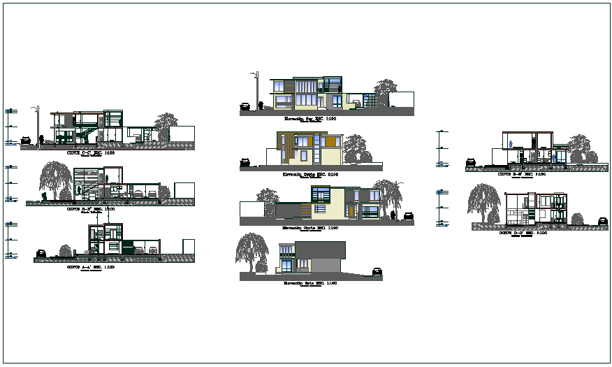 Elevation and section view with different side of house dwg file