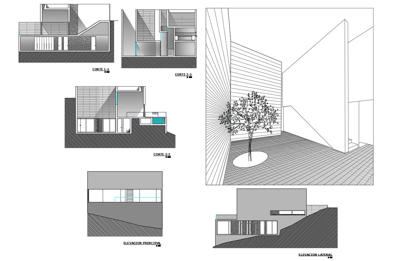 Elevation and section view with isometric view for residential area dwg file