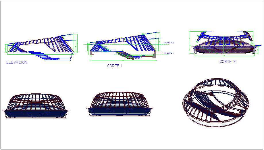 Elevation and section view with isometric view of amphitheater dwg file