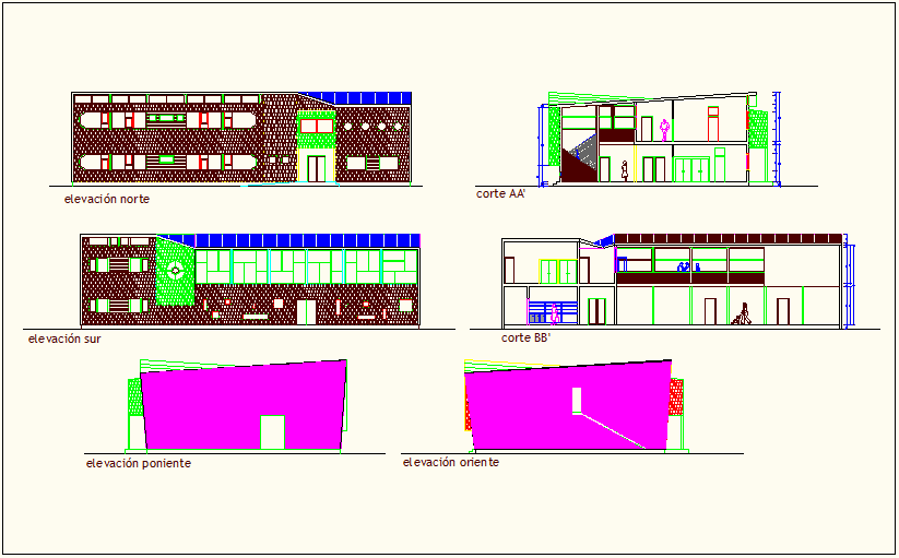 Elevation and section with different axis of education center dwg file
