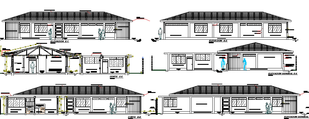 Elevation and sectional plan of city health post project dwg file