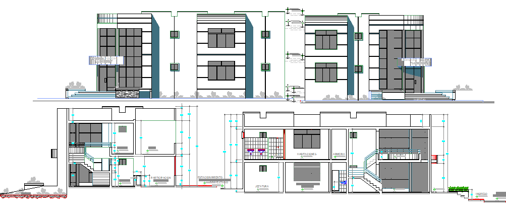 Elevation and sectional view of local civil security office dwg file