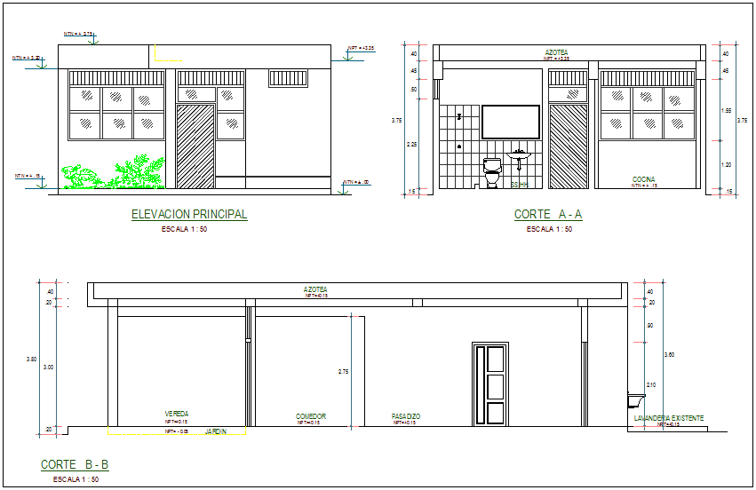 Elevation & sectional view of building, necessary dimension dwg file