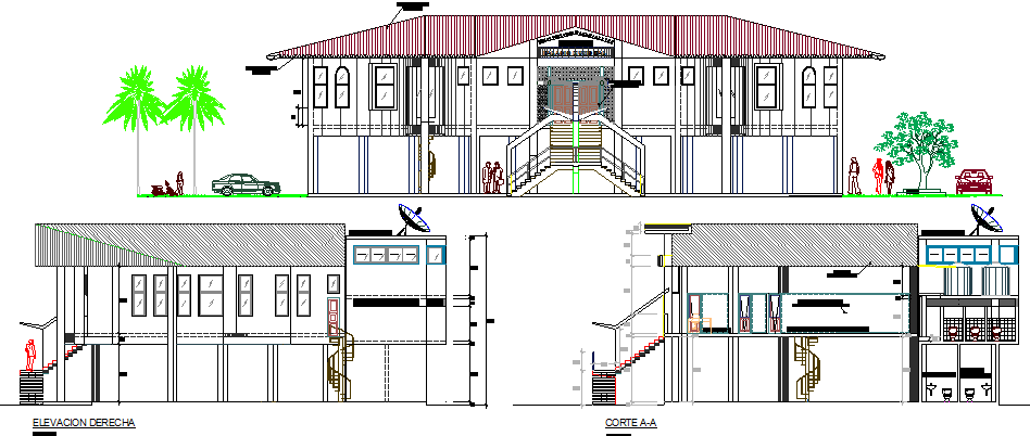 Elevation and sectional view of city council office dwg file