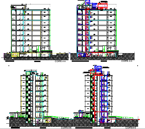 Elevation and sectional view of corporate building dwg file