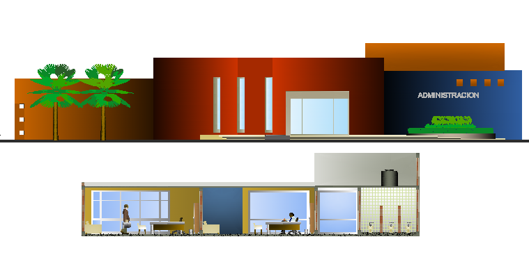 Elevation and sectional view of corporate office dwg file