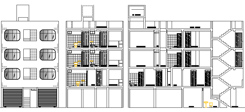 Elevation and sectional view of multi-flooring housing building dwg file