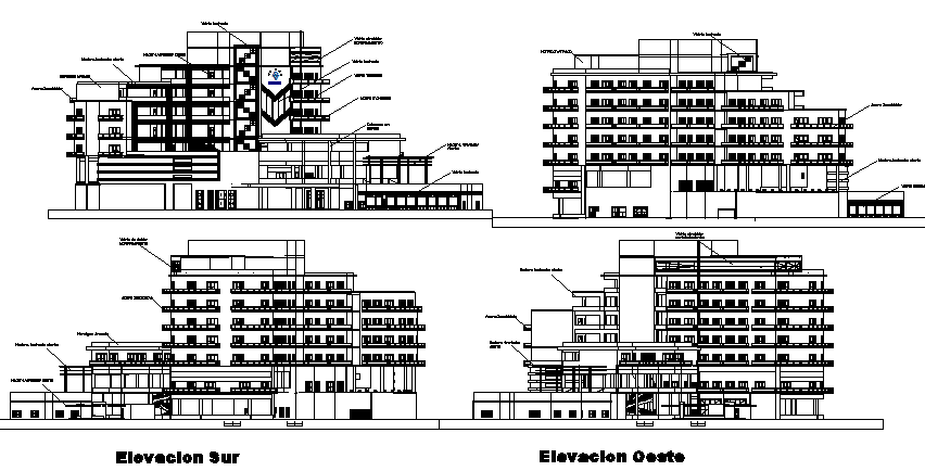 Elevation and sectional view of ocean view boutique hotel dwg file