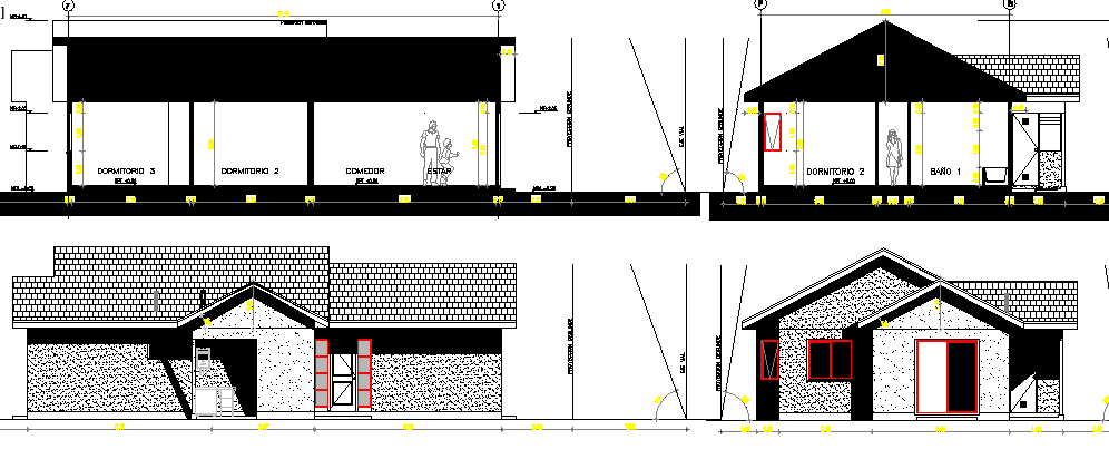 Elevation and sectional view of single family house dwg file