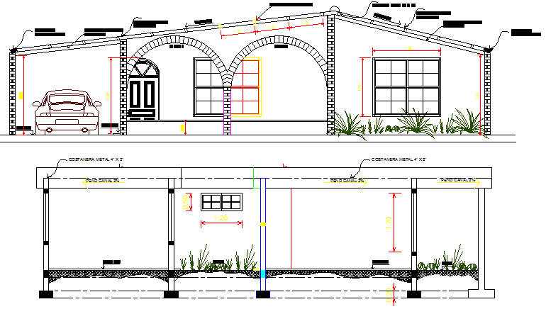 Elevation and sectional view of single family house dwg file