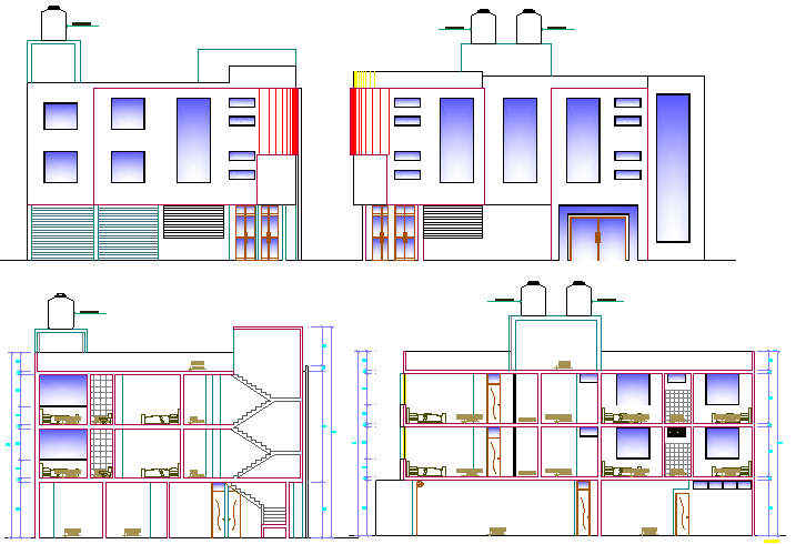 Elevation and sectional view of three flooring bungalow design dwg file