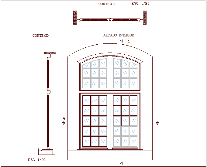 Elevation and sectional view of wooden door