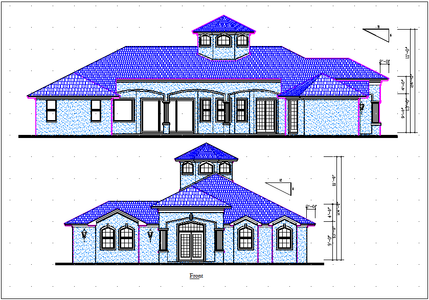 Bungalow Elevation & Side View | DWG CAD Drawing File