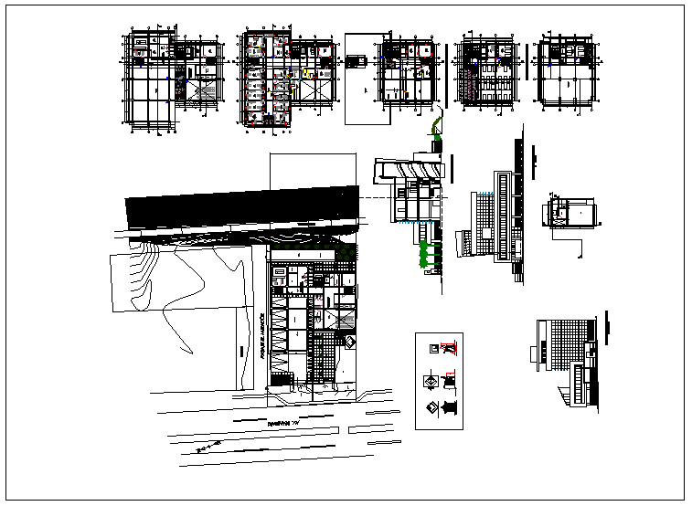 Elevation and side elevation view of office building detail dwg file