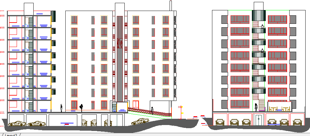 Elevation and side sectional view of multi-flooring flats dwg file