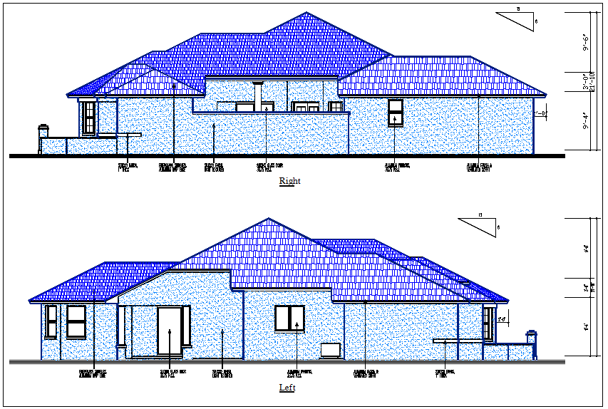 Elevation and side view detail of building dwg file