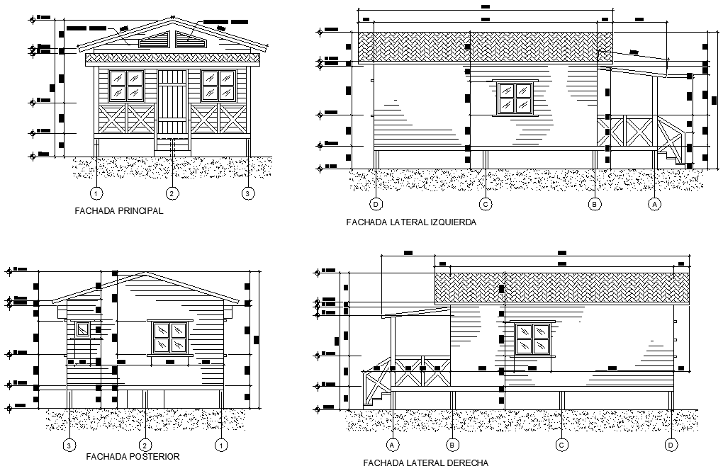 Elevation cabin in wood plan detail autocad file