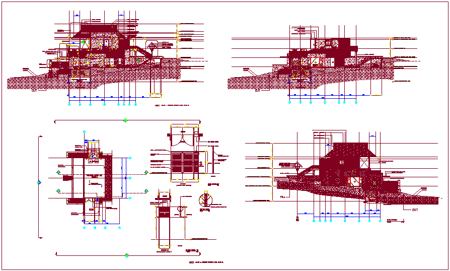 Elevation design view of bungalows with door detail dwg file