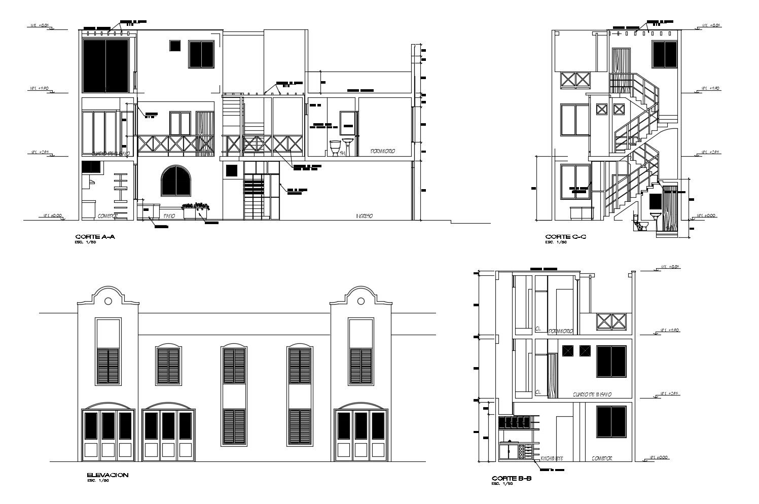 Elevation drawing of 2 storey house with detail dimension in dwg file