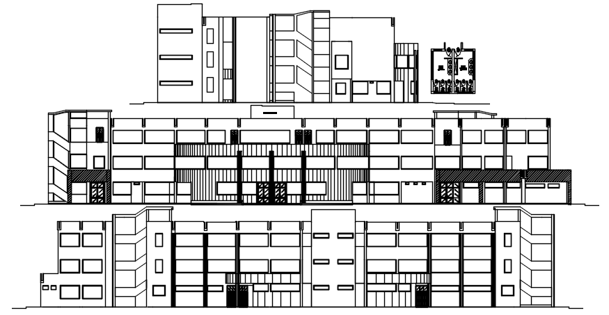 Elevation drawing of 3 storey office building in dwg file