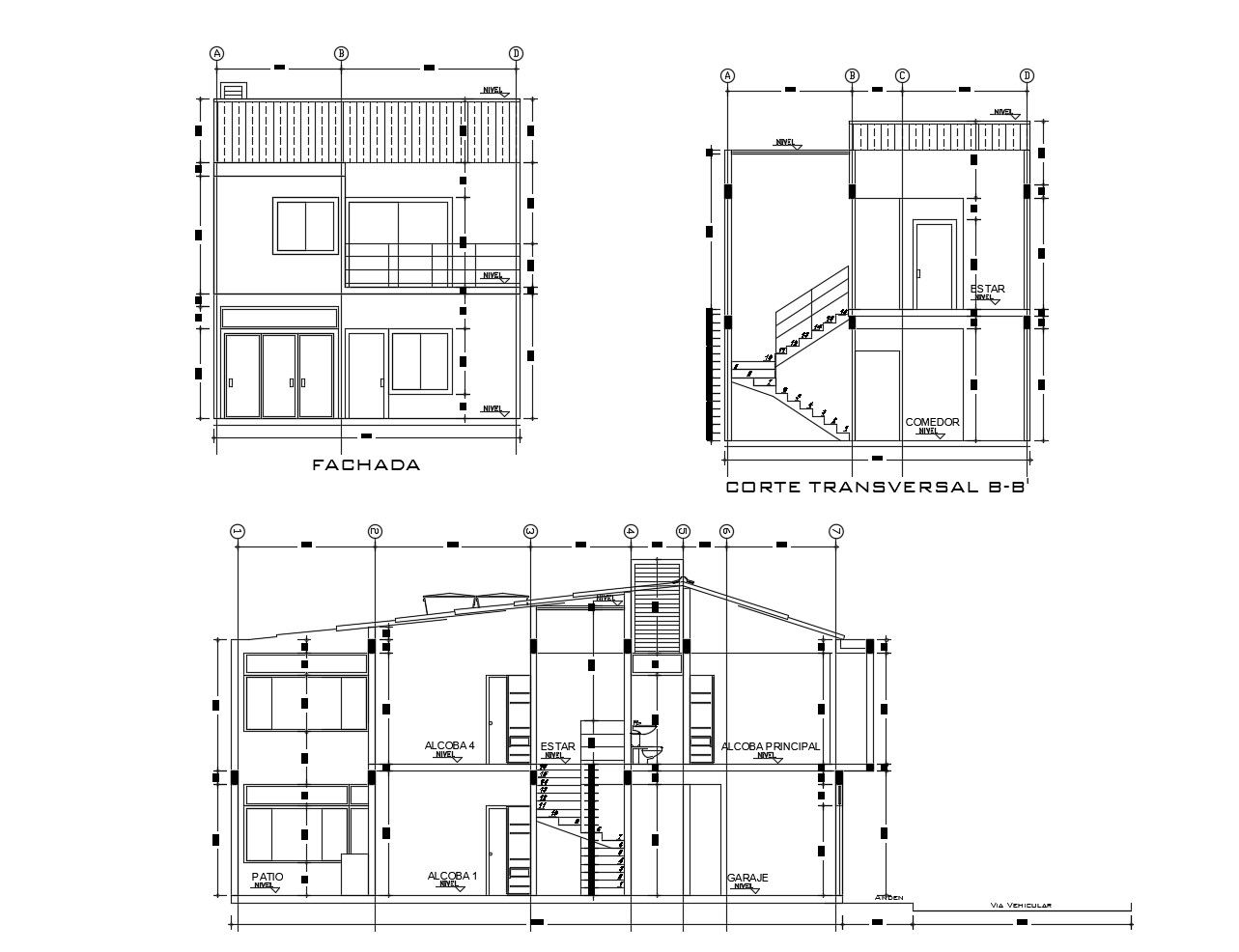 Elevation drawing of a house with detail dimension in dwg file