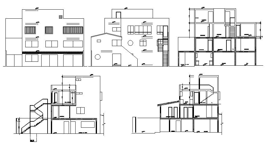 Elevation drawing of a house with detail dimension in dwg file