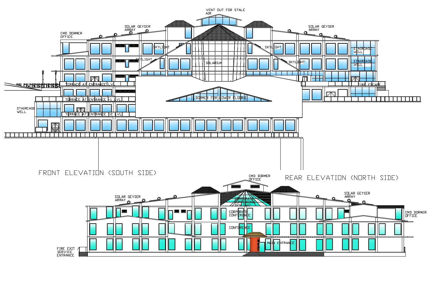 Elevation drawing of building design in dwg file